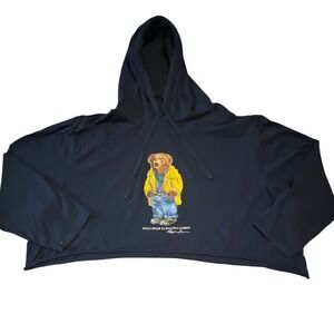 RARE Polo Ralph Lauren Womens Navy Polo Bear Graphic Cropped Hoodie Size 5XB 5TG